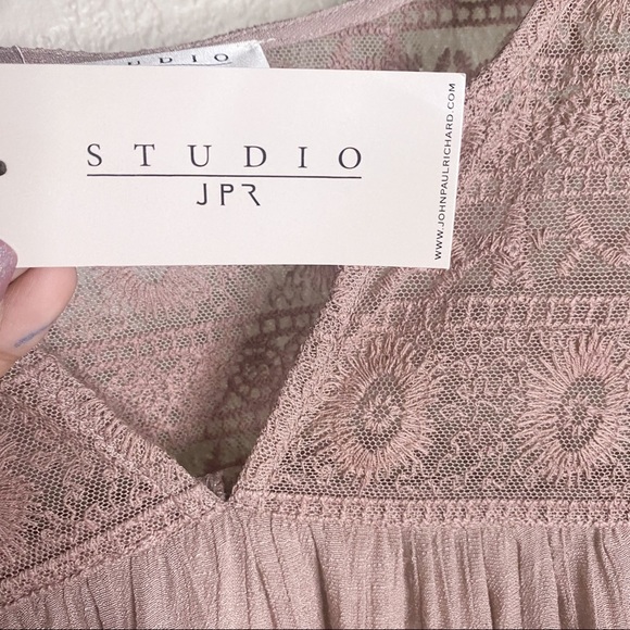 NWT Boho Mauve FLOWY 3/4 Sleeve Lace and linen Peasant Blouse Large Studio JPR - Picture 9 of 16